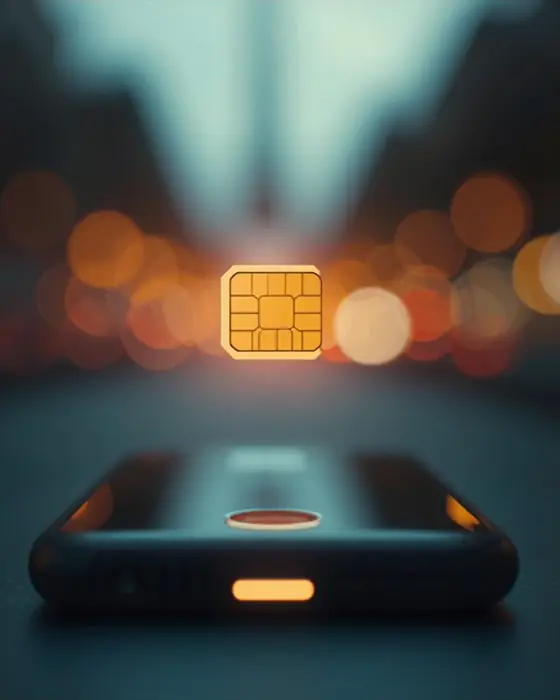 Chip sobre um celular, numa rua iluminada à noite