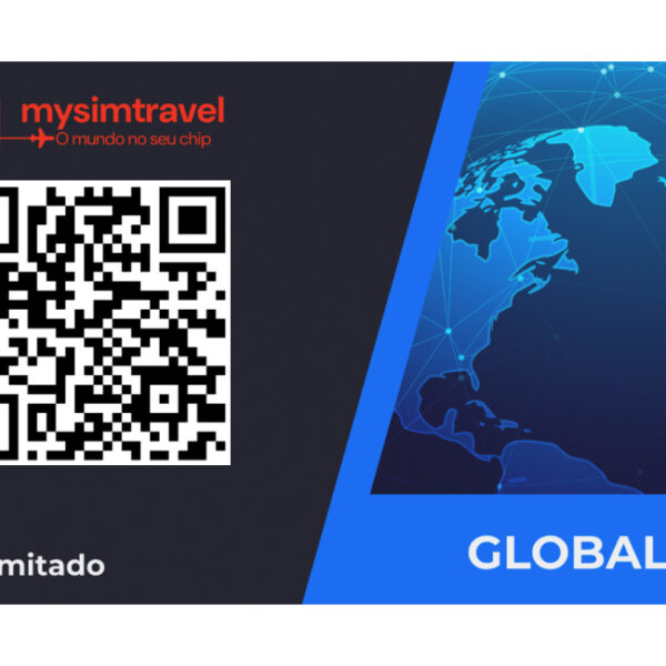 Cartão da mysimtravel com QR Code para ativação de eSIM Internacional Global. O cartão inclui o logo da MySimTravel com o slogan 'O mundo no seu chip', a inscrição '5G Ilimitado', e uma imagem de um mapa-múndi digitalizado, destacando a cobertura global do chip.