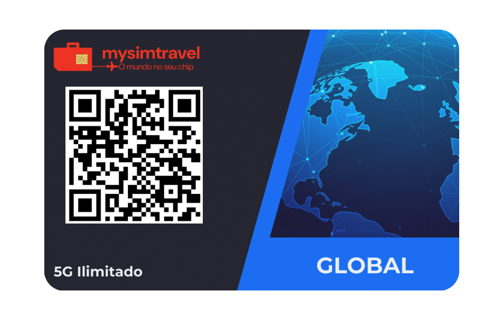 Cartão da mysimtravel com QR Code para ativação de eSIM Internacional Global. O cartão inclui o logo da MySimTravel com o slogan 'O mundo no seu chip', a inscrição '5G Ilimitado', e uma imagem de um mapa-múndi digitalizado, destacando a cobertura global do chip.