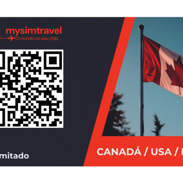 Cartão da mysimtravel com QR Code para ativação de eSIM Internacional com cobertura no Canadá, EUA e México. O cartão apresenta o logo da MySimTravel com o slogan 'O mundo no seu chip', a inscrição '5G Ilimitado', e a imagem de uma bandeira do Canadá em destaque, representando a conectividade nesses países.