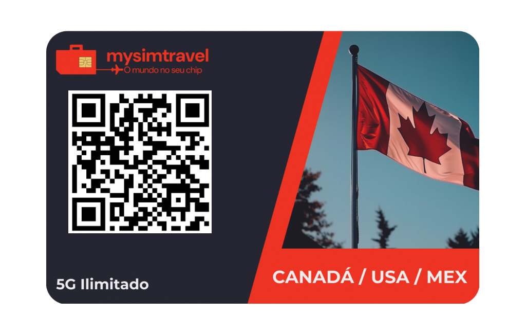 Cartão da mysimtravel com QR Code para ativação de eSIM Internacional com cobertura no Canadá, EUA e México. O cartão apresenta o logo da MySimTravel com o slogan 'O mundo no seu chip', a inscrição '5G Ilimitado', e a imagem de uma bandeira do Canadá em destaque, representando a conectividade nesses países.