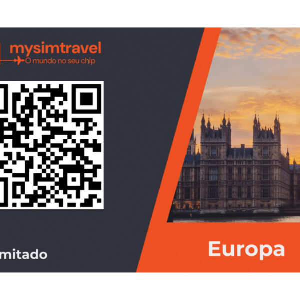 Cartão da mysimtravel com QR Code para ativação de eSIM internacional para a Europa. O cartão inclui a marca da MySimTravel com o slogan 'O mundo no seu chip', a inscrição '5G Ilimitado', e uma imagem icônica do Big Ben e das Casas do Parlamento em Londres ao pôr do sol, representando a cobertura do chip na Europa.