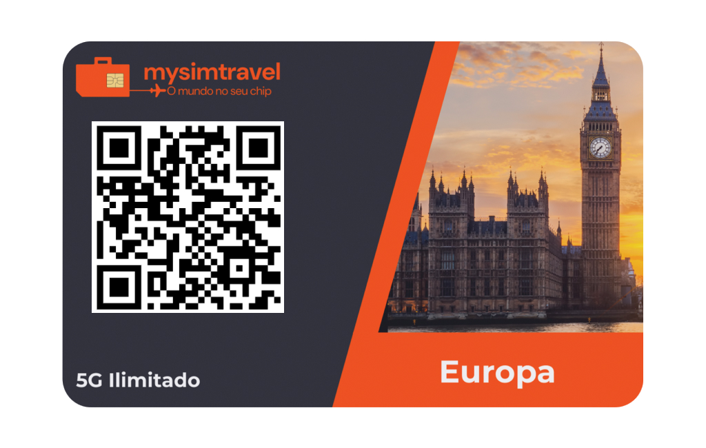 Cartão da mysimtravel com QR Code para ativação de eSIM internacional para a Europa. O cartão inclui a marca da MySimTravel com o slogan 'O mundo no seu chip', a inscrição '5G Ilimitado', e uma imagem icônica do Big Ben e das Casas do Parlamento em Londres ao pôr do sol, representando a cobertura do chip na Europa.