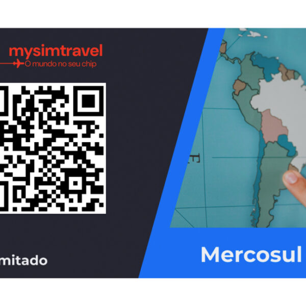 Cartão da MySimTravel com QR Code para ativação de eSIM internacional para o Mercosul. O cartão apresenta o logo da mysimtravel com o slogan 'O mundo no seu chip', a inscrição '5G Ilimitado', e uma imagem de um mapa da América do Sul com destaque para os países do Mercosul.