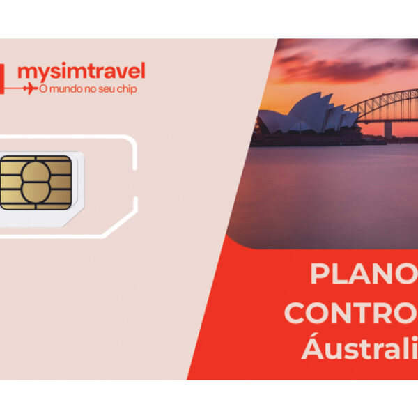 Cartão SIM com plano controle para Austrália, da marca mysimtravel. A imagem apresenta o chip ao lado de uma paisagem icônica da Austrália com a Sydney Opera House ao pôr do sol.