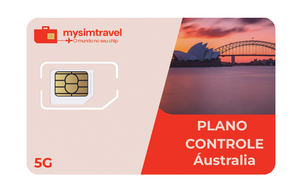 Cartão SIM com plano controle para Austrália, da marca mysimtravel. A imagem apresenta o chip ao lado de uma paisagem icônica da Austrália com a Sydney Opera House ao pôr do sol.