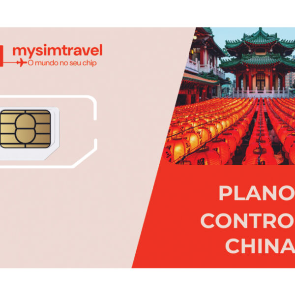 Cartão SIM com plano controle para China, da marca mysimtravel. A imagem destaca o chip ao lado de uma cena típica da China com lanternas vermelhas iluminando um templo tradicional.