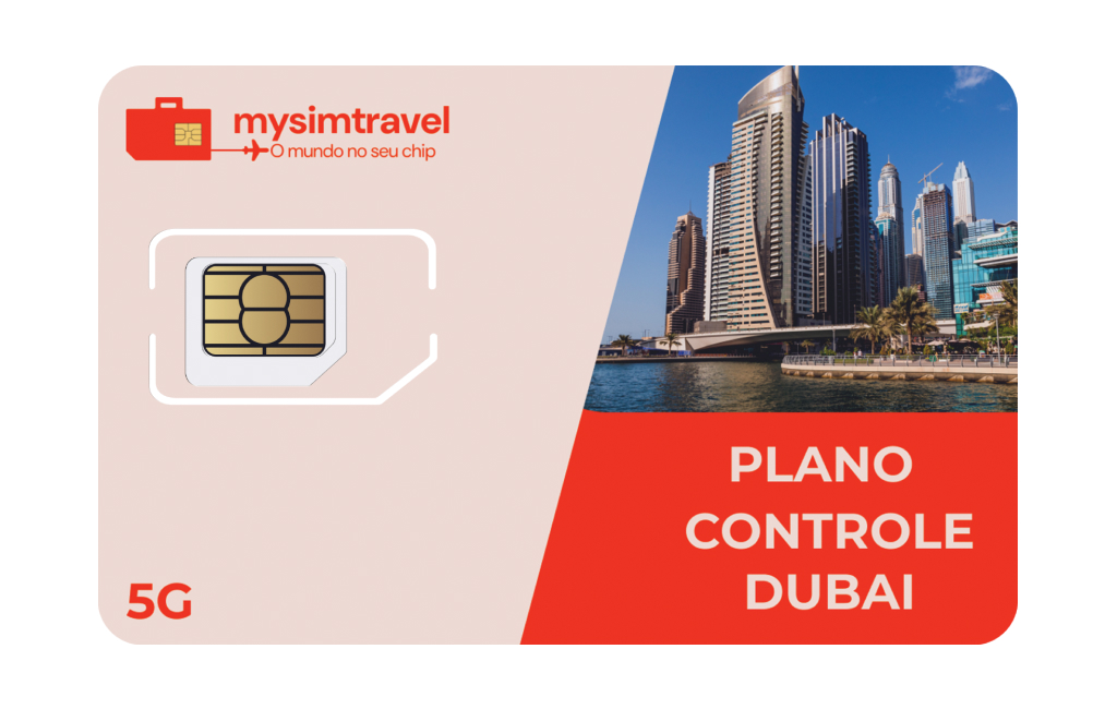 Cartão SIM com plano controle para Dubai, da marca mysimtravel. A imagem mostra o chip junto a uma foto do horizonte moderno de Dubai, com arranha-céus e o canal à beira-mar.