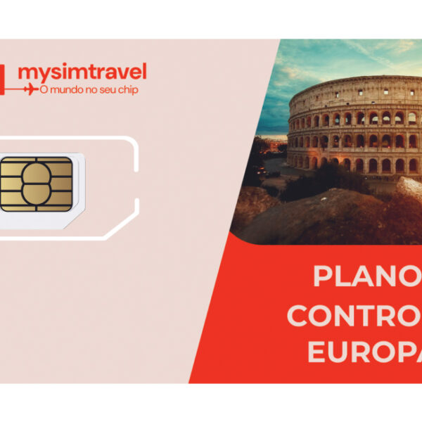 Cartão SIM com plano controle para Europa, da marca mysimtravel. O chip está acompanhado de uma imagem do famoso Coliseu em Roma, durante o entardecer.