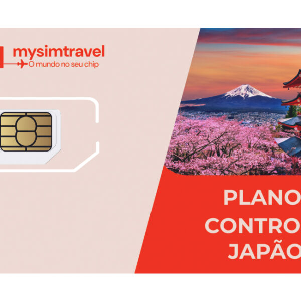 Cartão SIM com plano controle para Japão, da marca mysimtravel. O chip aparece ao lado de uma vista do Monte Fuji e de uma arquitetura tradicional japonesa com cerejeiras em flor