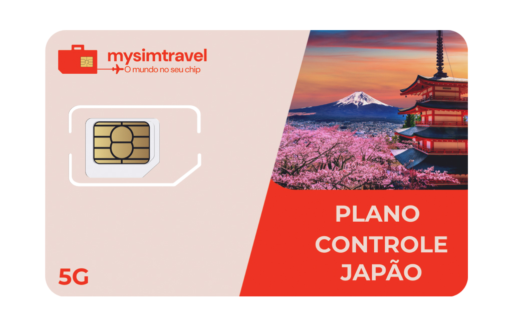 Cartão SIM com plano controle para Japão, da marca mysimtravel. O chip aparece ao lado de uma vista do Monte Fuji e de uma arquitetura tradicional japonesa com cerejeiras em flor