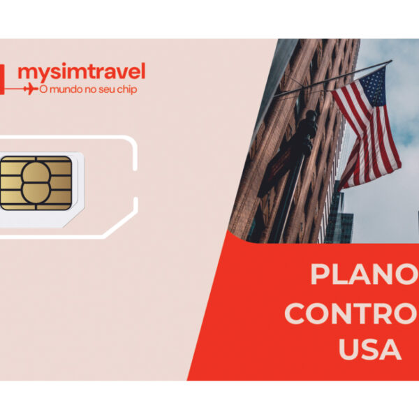 Cartão SIM com plano controle para os EUA, da marca mysimtravel. O chip é exibido com uma imagem de um arranha-céu e uma bandeira dos Estados Unidos ao fundo.