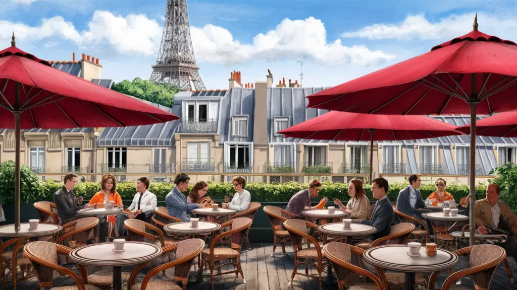 Café parisiense com mesas e cadeiras de vime sob guarda-sóis vermelhos e Torre Eiffel ao fundo.