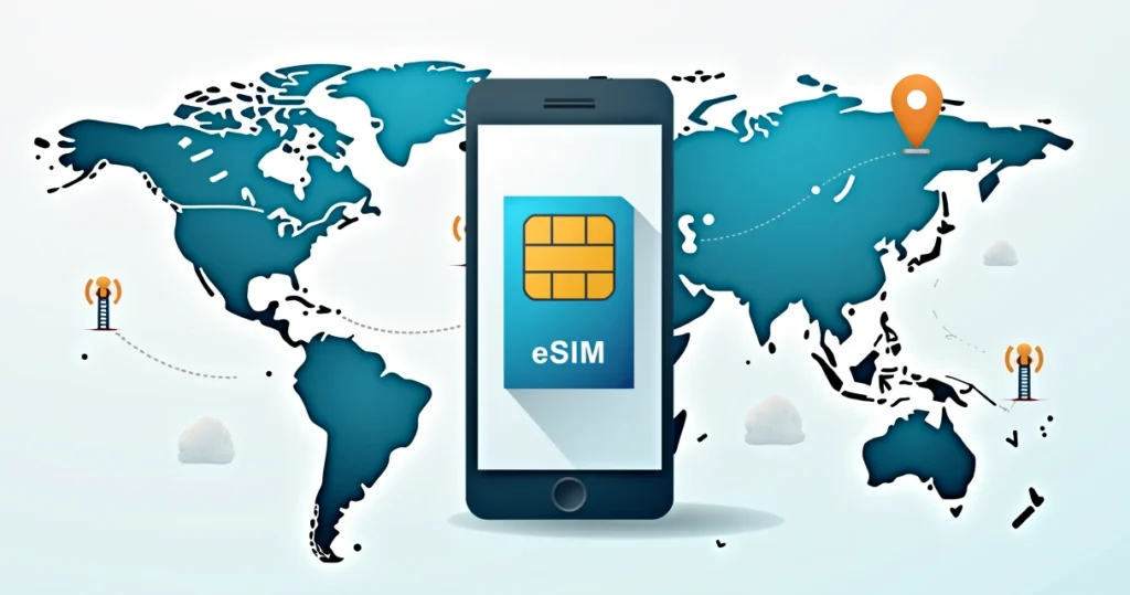 Ilustração flat corporate mostrando um celular com um chip físico e um ícone de eSIM em destaque, ao fundo mapas e ícones de conexão e torres de celular simbolizando internet global