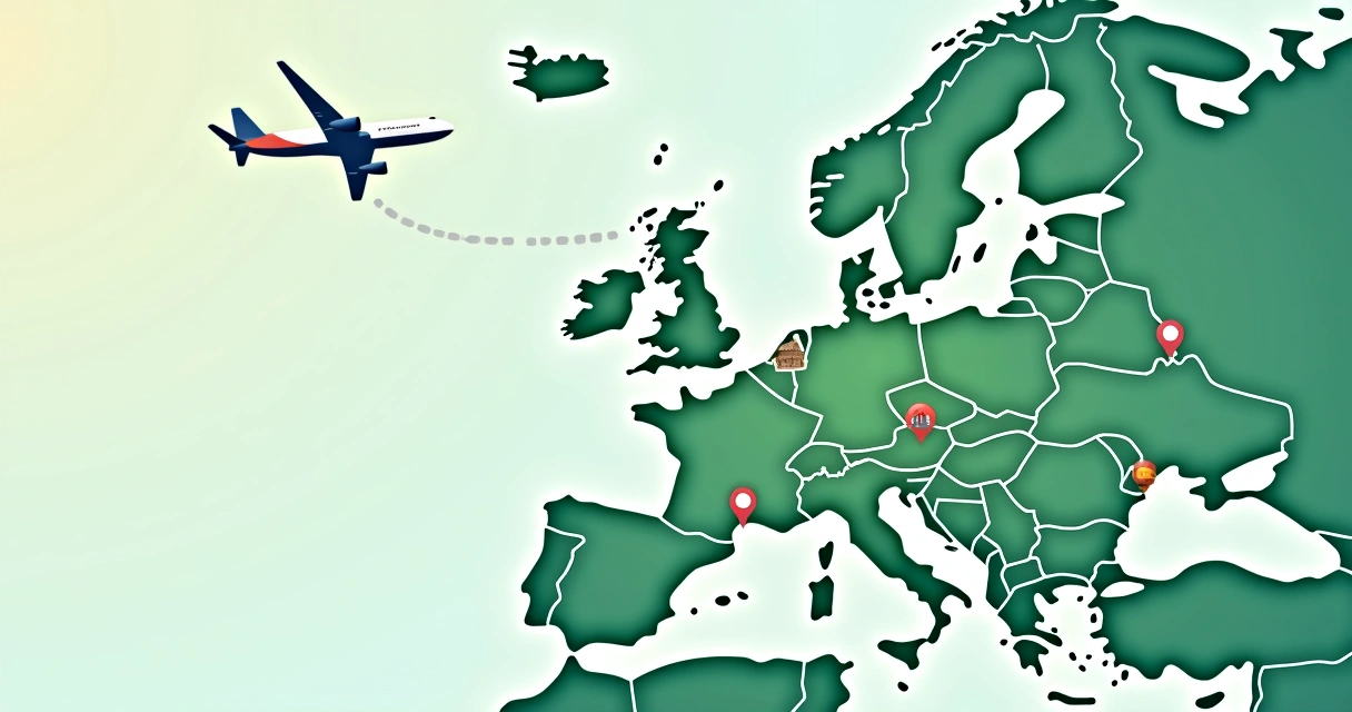 Ilustração plana de um mapa da Europa com um avião sobrevoando e rotas entre cidades principais