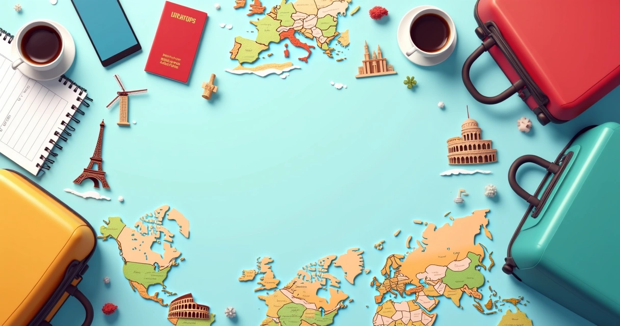 Ilustração corporativa com mapas, passaporte, malas e ícones de destinos europeus