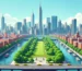 Ilustração corporativa plana de skyline de Manhattan com arranha-céus icônicos, ruas e parques verdes
