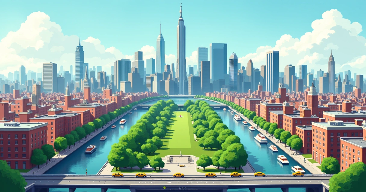 Ilustração corporativa plana de skyline de Manhattan com arranha-céus icônicos, ruas e parques verdes