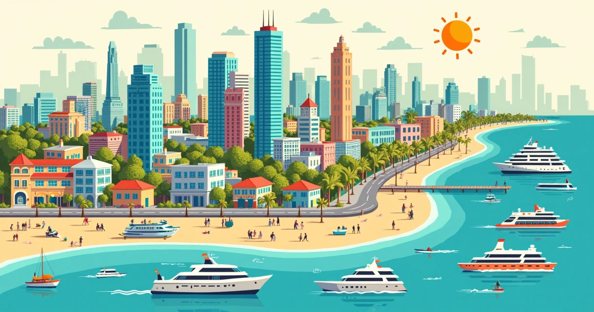 Ilustração flat do mapa de Miami com destaque para bairros South Beach e Brickell, elementos culturais e pontos turísticos