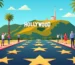 Ilustração flat do letreiro de Hollywood com a Calçada da Fama ao fundo
