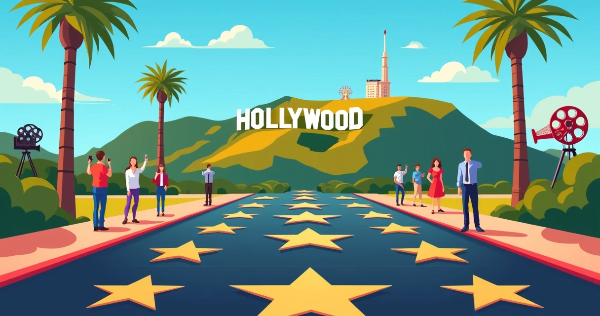 Ilustração flat do letreiro de Hollywood com a Calçada da Fama ao fundo