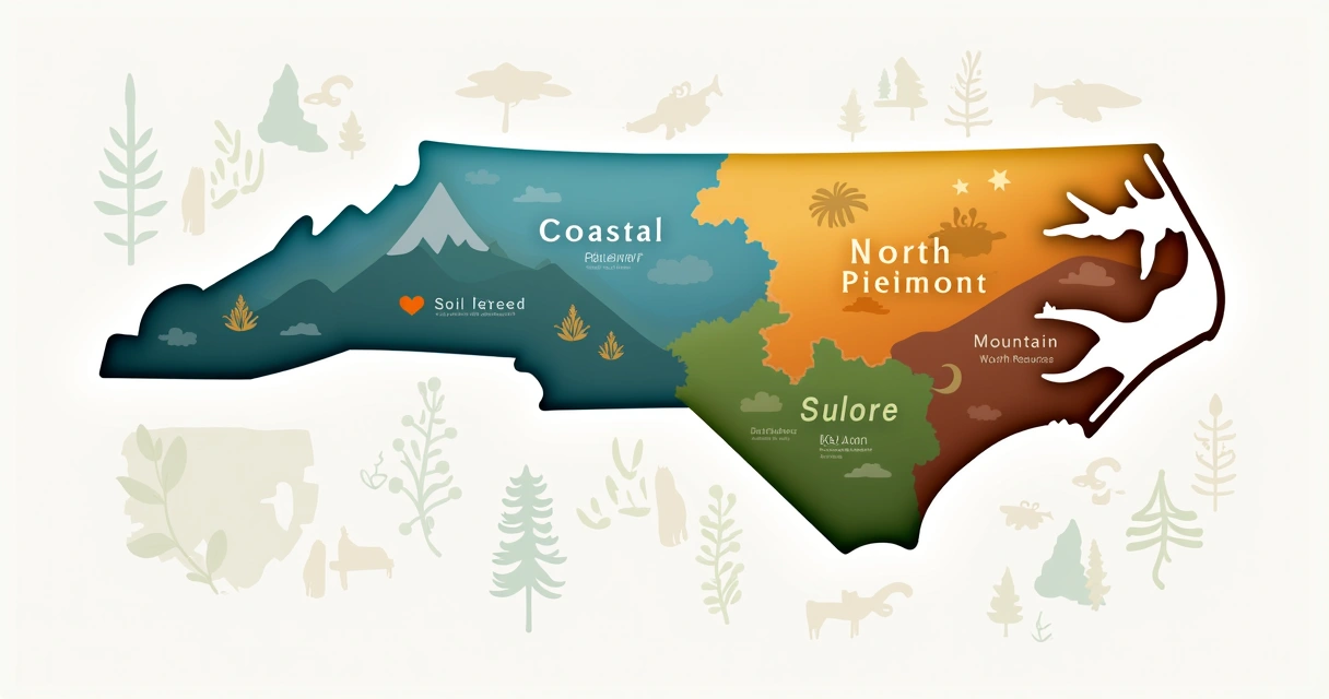 Ilustração corporativa plana mostrando as três regiões geográficas da Carolina do Norte: costa, piedmont e montanhas, com cores distintas e ícones representando clima, solos e recursos naturais